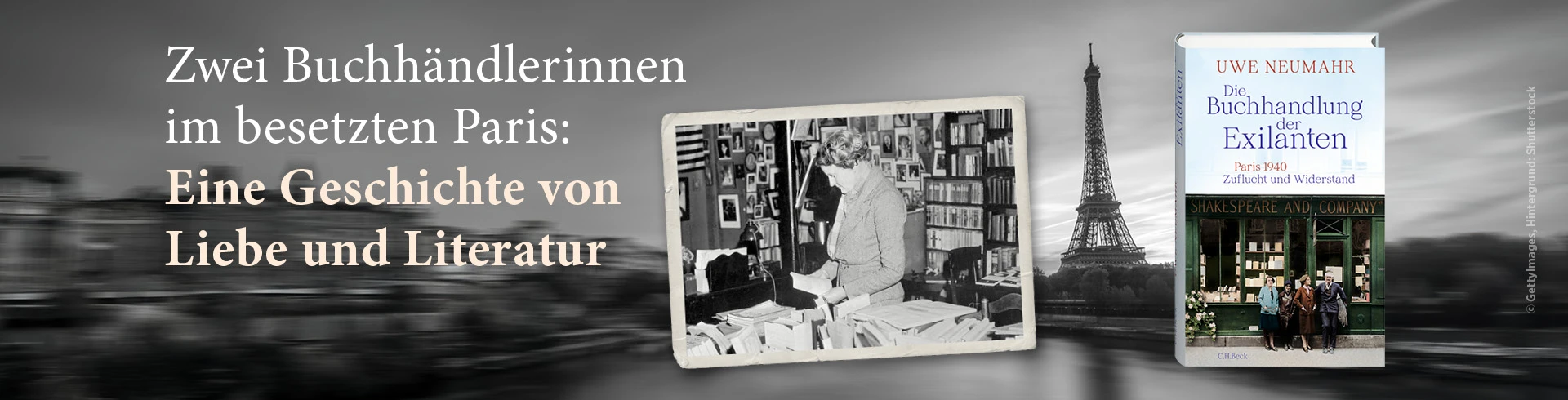Banner zum Buch: "Die Buchhandlung der Exilanten" von Uwe Neumahr. Zu sehen ist das Cove rund eine historische Ansicht von Paris mit dem Eiffelturm