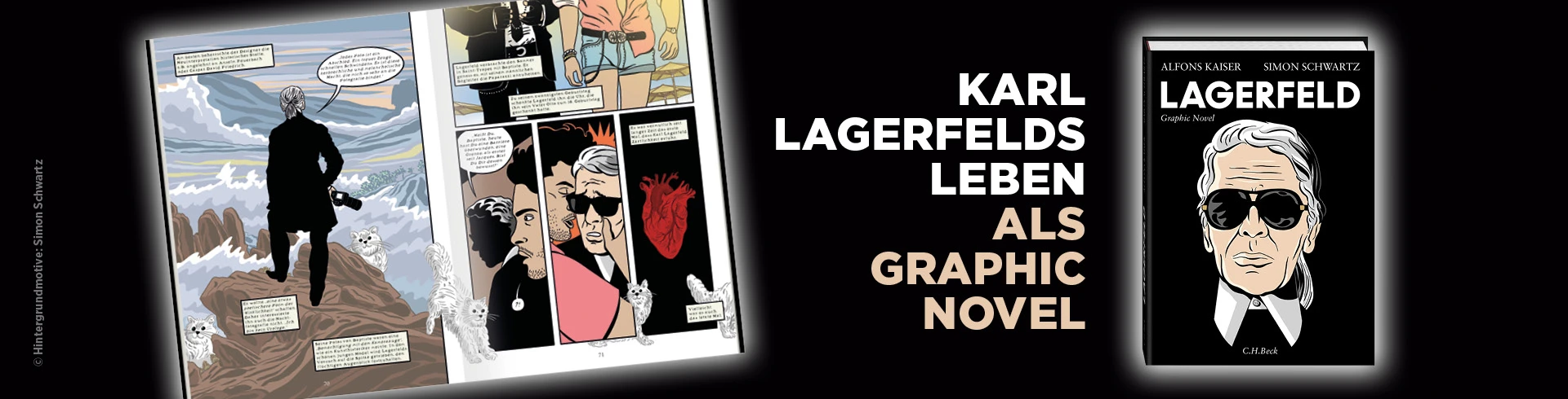 Collage aus zwei Teilen: Links ein Comic-Panel mit mehreren Szenen, darunter eine Person im schwarzen Anzug auf einer Klippe mit Blick aufs Meer. Rechts das Buchcover „Karl Lagerfelds Leben als Graphic Novel“ mit einer stilisierten Schwarz-Weiß-Zeichnung von Lagerfelds Kopf und Schultern – mit Sonnenbrille, hohem Kragen und Zopf.