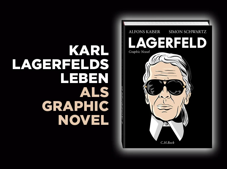 Collage aus zwei Teilen: Links ein Comic-Panel mit mehreren Szenen, darunter eine Person im schwarzen Anzug auf einer Klippe mit Blick aufs Meer. Rechts das Buchcover „Karl Lagerfelds Leben als Graphic Novel“ mit einer stilisierten Schwarz-Weiß-Zeichnung von Lagerfelds Kopf und Schultern – mit Sonnenbrille, hohem Kragen und Zopf.